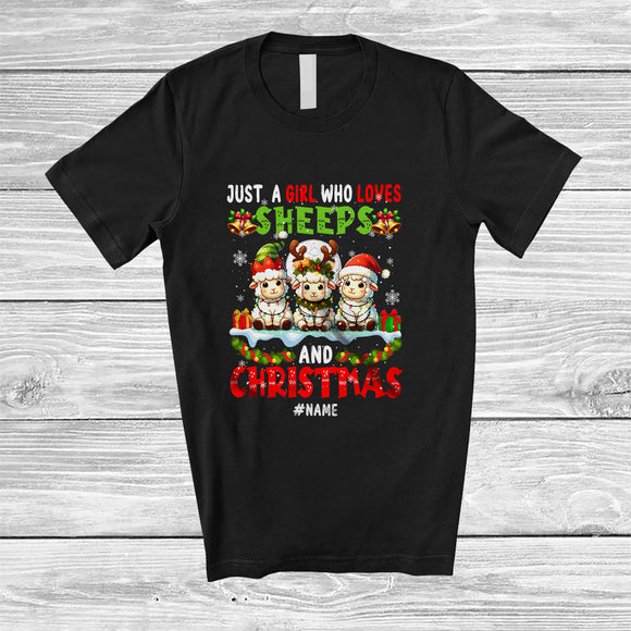 MacnyStore - Personalized Custom Name Girl Who Loves Sheeps Christmas; Lovely Lights Three Sheep Farmer T-Shirt