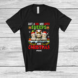 MacnyStore - Personalized Custom Name Girl Who Loves Sheeps Christmas; Lovely Lights Three Sheep Farmer T-Shirt