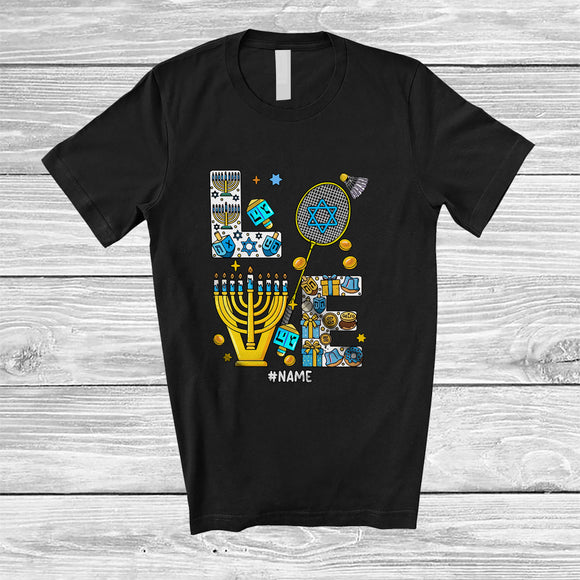 MacnyStore - Personalized Custom Name LOVE; Lovely Hanukkah Menorah Badminton Player; Sport Playing Team T-Shirt
