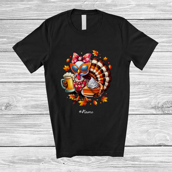 MacnyStore - Personalized Custom Name Turkey Drinking Beer; Happy Thanksgiving Girl Women Turkey Bow Tie T-Shirt
