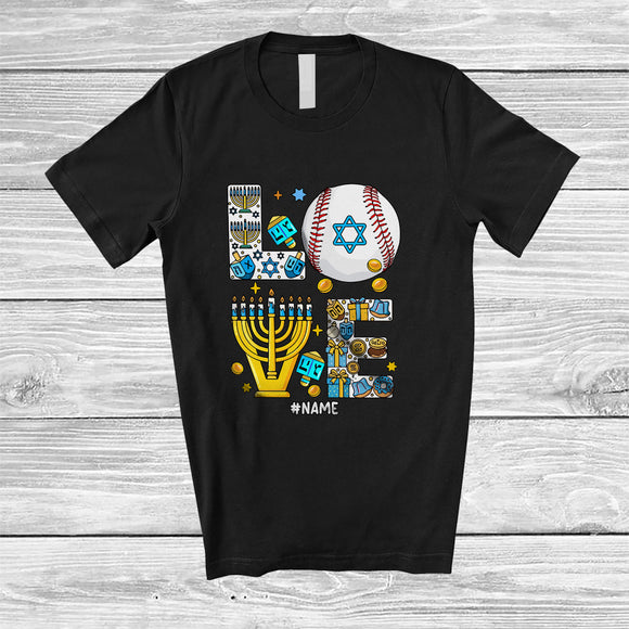 MacnyStore - Personalized Custom Name LOVE; Lovely Hanukkah Menorah Baseball Player; Sport Playing Team T-Shirt