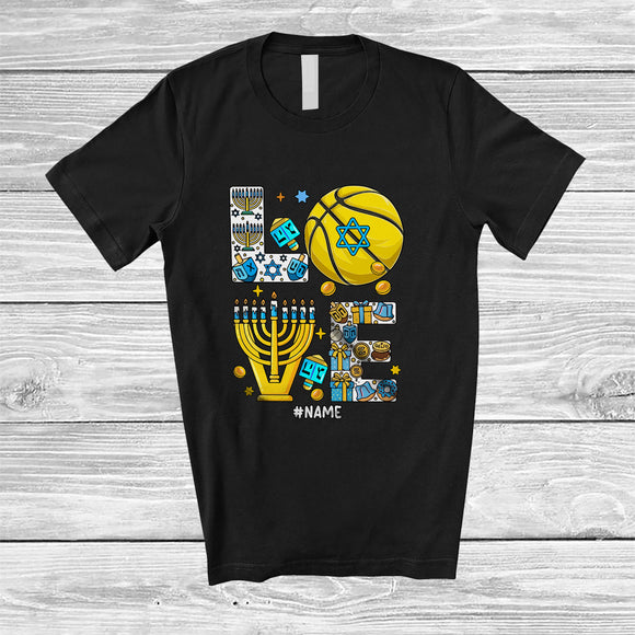 MacnyStore - Personalized Custom Name LOVE; Lovely Hanukkah Menorah Basketball Player; Sport Playing Team T-Shirt