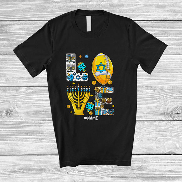 MacnyStore - Personalized Custom Name LOVE; Lovely Hanukkah Menorah Football Player; Sport Playing Team T-Shirt