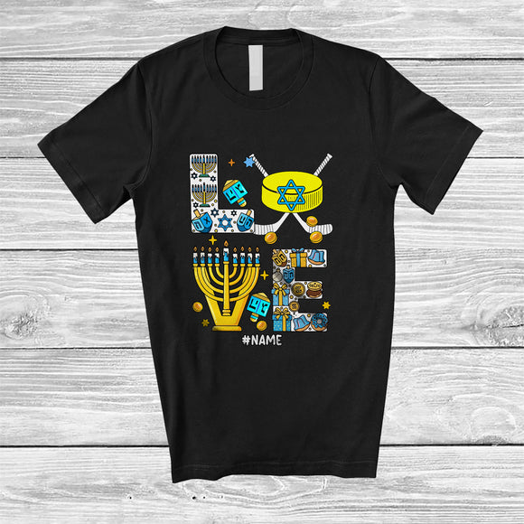 MacnyStore - Personalized Custom Name LOVE; Lovely Hanukkah Menorah Hockey Player; Sport Playing Team T-Shirt