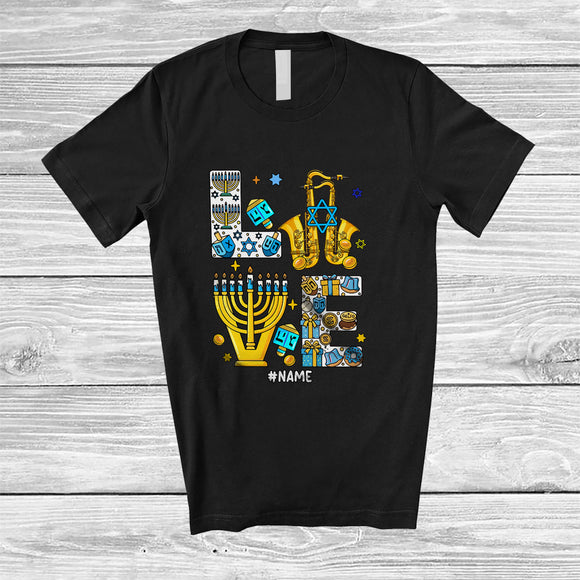 MacnyStore - Personalized Custom Name LOVE; Lovely Hanukkah Menorah Saxophone Player; Musical Instruments T-Shirt
