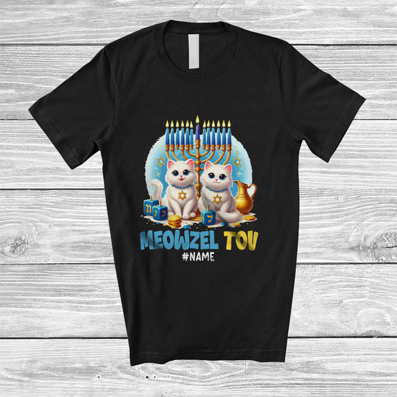 MacnyStore - Personalized Custom Name Meowzel Tov; Lovely Hanukkah Menorah Two Cats Owner Lover; Family T-Shirt