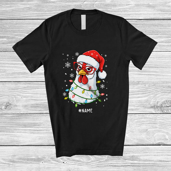 MacnyStore - Personalized Custom Name Santa Chicken Face Christmas Lights; Merry X-mas Snowing Animal T-Shirt