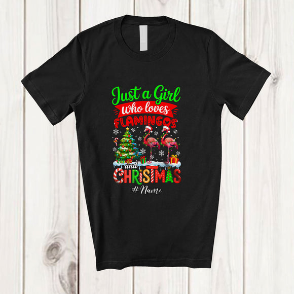 MacnyStore - Personalized Custom Name Girl Who Loves Flamingos Christmas; Amazing X-mas Tree Snow Family T-Shirt