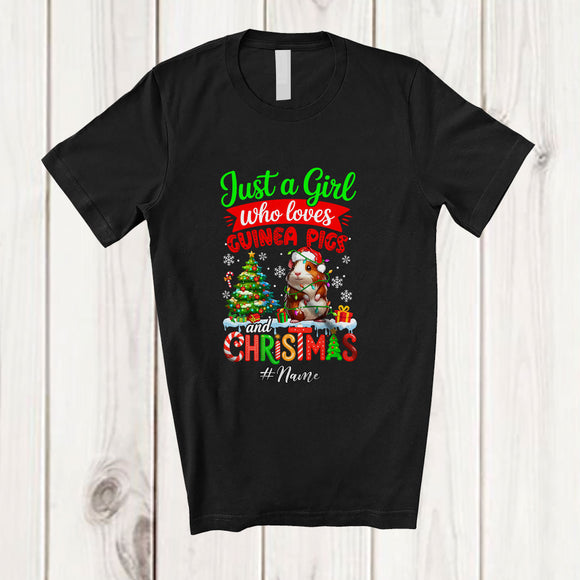 MacnyStore - Personalized Custom Name Girl Who Loves Guinea Pigs Christmas; Amazing X-mas Tree Snow Family T-Shirt