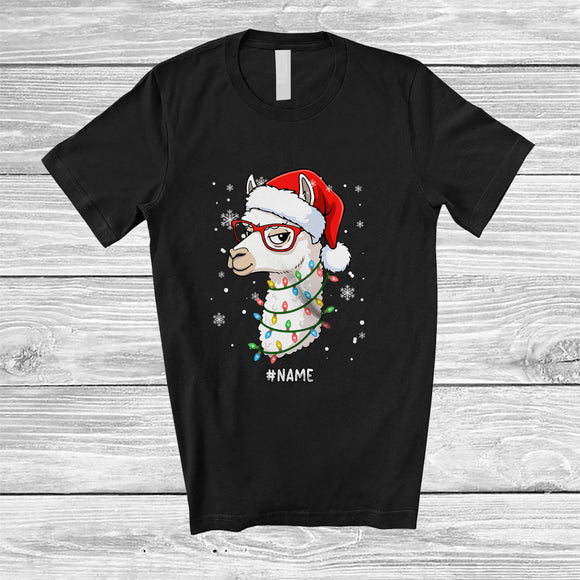 MacnyStore - Personalized Custom Name Santa Llama Face Christmas Lights; Merry X-mas Snowing Animal T-Shirt