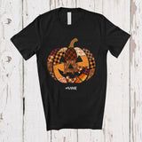 MacnyStore - Personalized Custom Name Leopard Plaid Carved Pumpkin Face; Scary Halloween Family T-Shirt