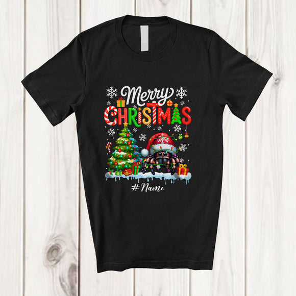 MacnyStore - Personalized Custom Name Merry Christmas; Lovely Santa Spider Animal Lover X-mas Lights Tree T-Shirt