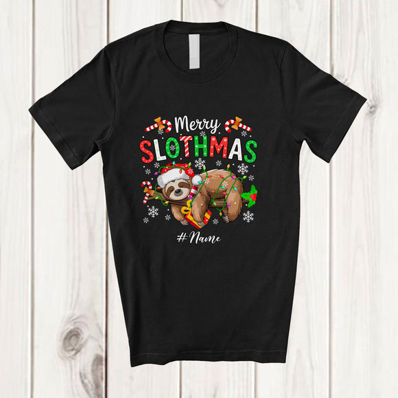 MacnyStore - Personalized Custom Name Merry Slothmas; Humorous Christmas Lights Hanging Sloth Santa T-Shirt
