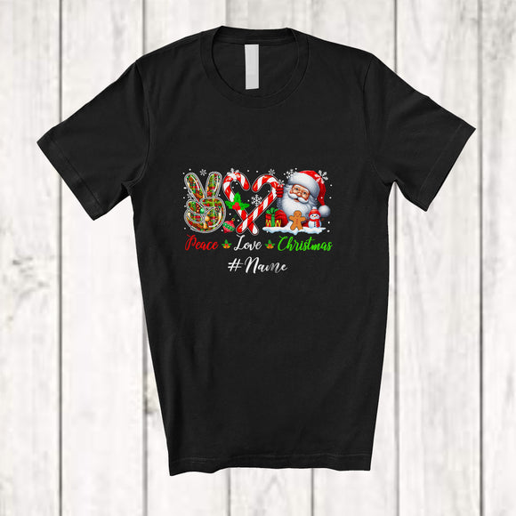 MacnyStore - Personalized Peace Love Christmas; Joyful Custom Name Santa Candy Canes Hand Sign T-Shirt