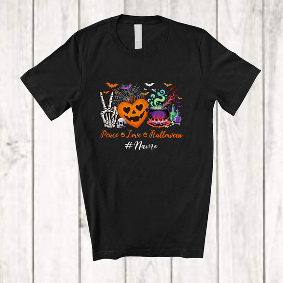 MacnyStore - Personalized Peace Love Halloween; Joyful Custom Name Skeleton Hand Pumpkin Witch Poison T-Shirt