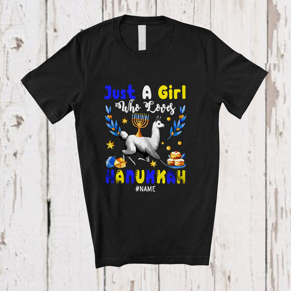 MacnyStore - Personalized Custom Name Girl Who Loves Hanukkah; Lovely Lights Llama; Girls Women Family T-Shirt