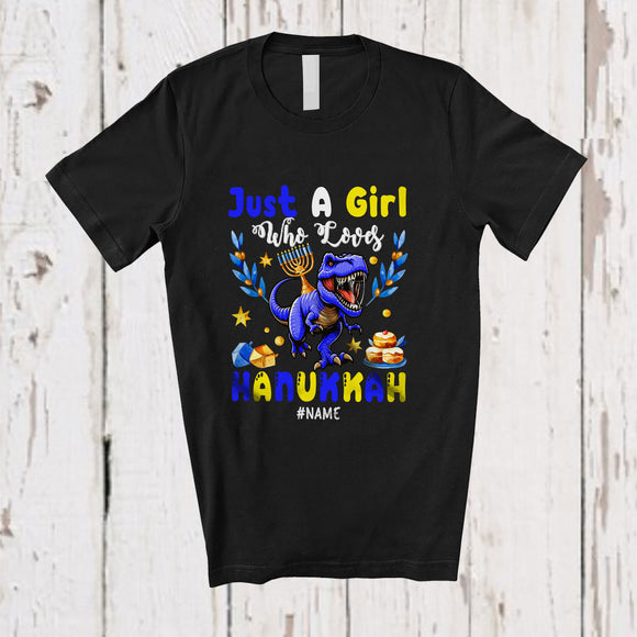 MacnyStore - Personalized Custom Name Girl Who Loves Hanukkah; Lovely Lights T Rex; Girls Women Family T-Shirt