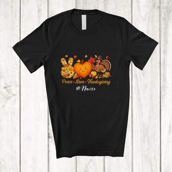 MacnyStore - Personalized Peace Love Thanksgiving; Joyful Custom Name Fall Pumpkin Turkey Hand Sign T-Shirt