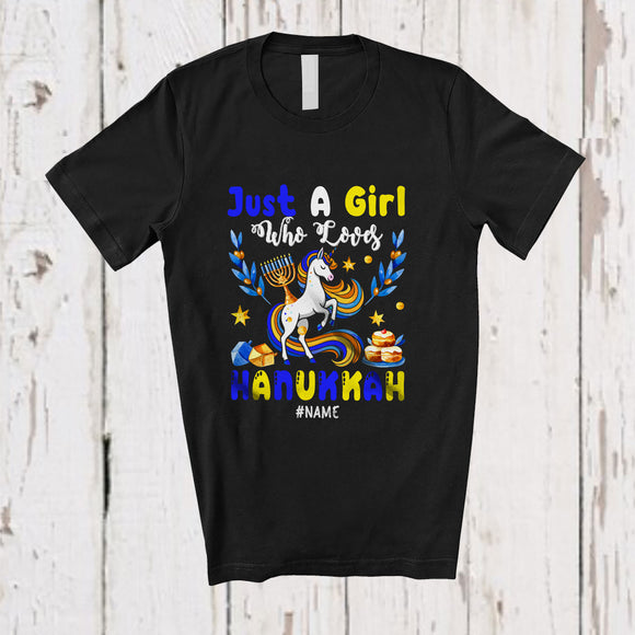 MacnyStore - Personalized Custom Name Girl Who Loves Hanukkah; Lovely Lights Unicorn; Girls Women Family T-Shirt