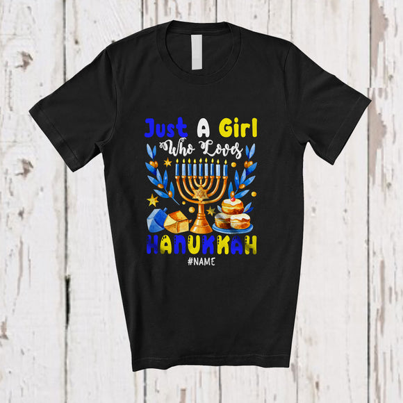 MacnyStore - Personalized Custom Name Girl Who Loves Hanukkah; Lovely Lights; Girls Women Family Group T-Shirt