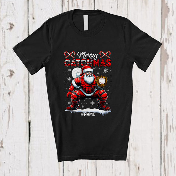 MacnyStore - Personalized Custom Name Merry Catchmas; Joyful Christmas Santa Playing Baseball; Catcher Player T-Shirt