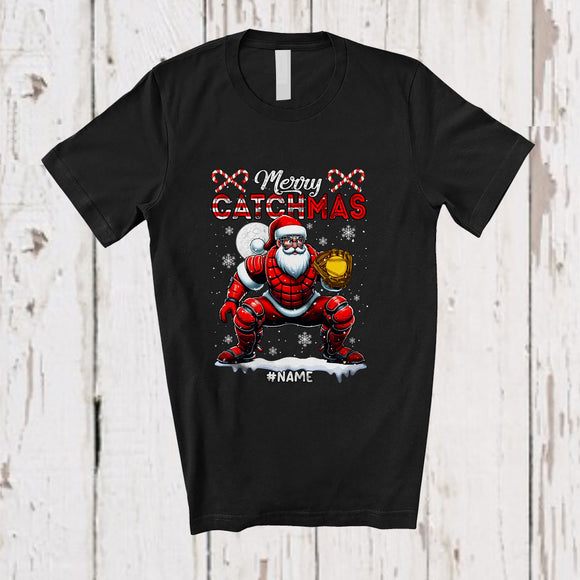 MacnyStore - Personalized Custom Name Merry Catchmas; Joyful Christmas Santa Playing Softball; Catcher Player T-Shirt