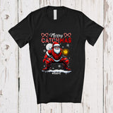 MacnyStore - Personalized Custom Name Merry Catchmas; Joyful Christmas Santa Playing Softball; Catcher Player T-Shirt