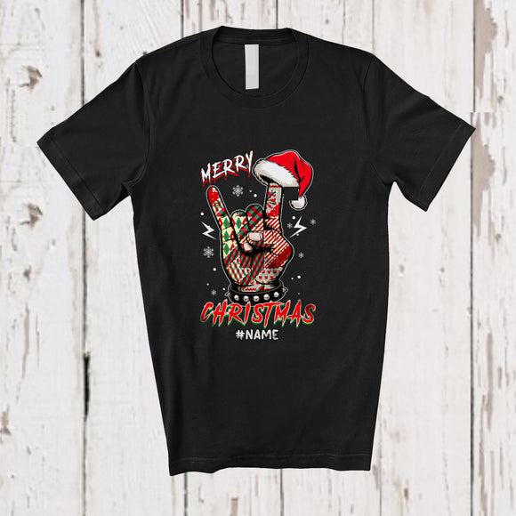 MacnyStore - Personalized Custom Name Merry Christmas; Amusing Santa Plaid Rock Hand ASL Sign Language T-Shirt