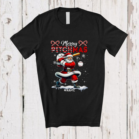 MacnyStore - Personalized Custom Name Merry Pitchmas; Joyful Christmas Santa Playing Baseball; Pitcher Player T-Shirt