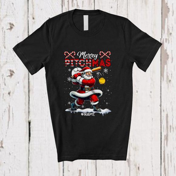 MacnyStore - Personalized Custom Name Merry Pitchmas; Joyful Christmas Santa Playing Softball; Pitcher Player T-Shirt