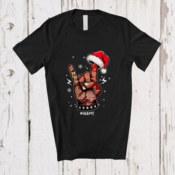 MacnyStore - Personalized Custom Name Santa Plaid Rock Hand; Amusing Christmas ASL Sign Language; Family T-Shirt