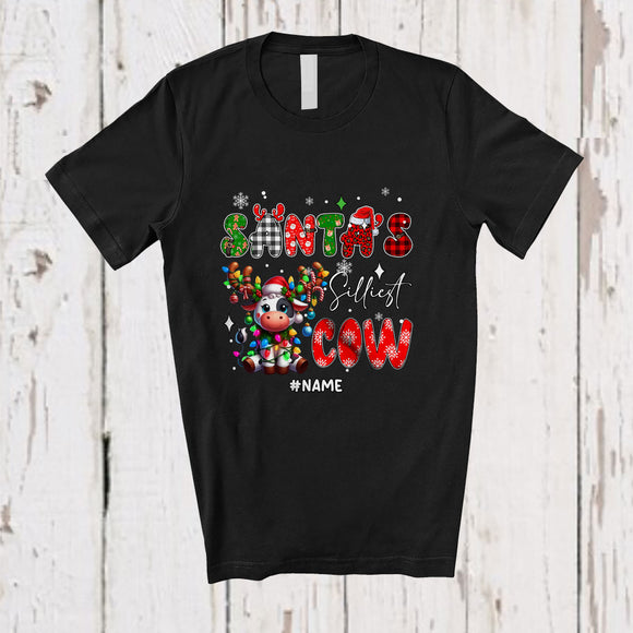 MacnyStore - Personalized Custom Name Santa's Silliest Cow; Lovely Christmas Lights Plaid Farming Farmer T-Shirt