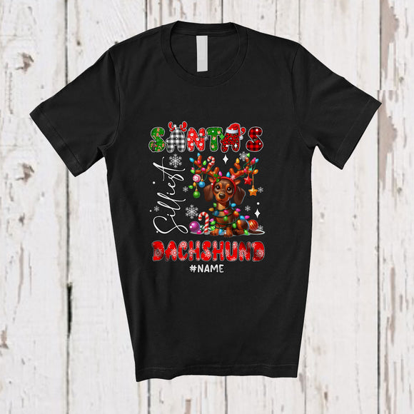 MacnyStore - Personalized Custom Name Santa's Silliest Dachshund; Lovely Christmas Lights Plaid Animal Lover T-Shirt