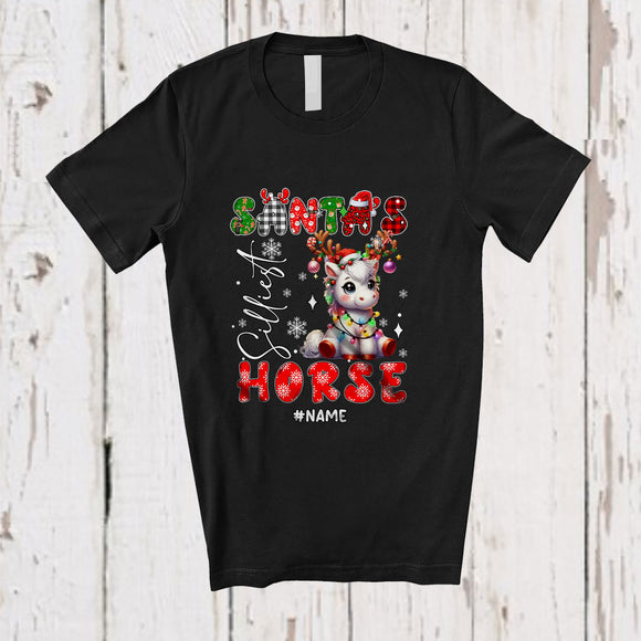MacnyStore - Personalized Custom Name Santa's Silliest Horse; Lovely Christmas Lights Plaid Farming Farmer T-Shirt