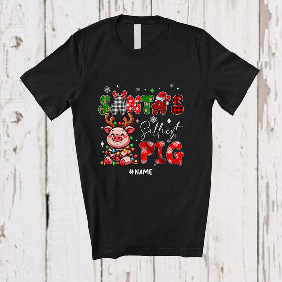 MacnyStore - Personalized Custom Name Santa's Silliest Pig; Lovely Christmas Lights Plaid Farming Farmer T-Shirt