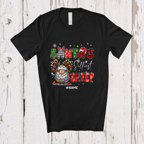 MacnyStore - Personalized Custom Name Santa's Silliest Sheep; Lovely Christmas Lights Plaid Farming Farmer T-Shirt