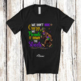 MacnyStore - Personalized Custom Name We Don't Hide Crazy; Humorous Mardi Gras Beads Bigfoot Wearing Mask T-Shirt