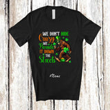 MacnyStore - Personalized Custom Name We Don't Hide Crazy; Humorous St. Patrick's Day Bigfoot Holding Shamrock T-Shirt