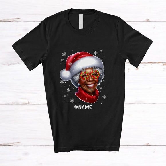 MacnyStore - Personalized Custom Name African Woman Santa Sunglasses; Proud Christmas Santa Face; Black Afro T-Shirt