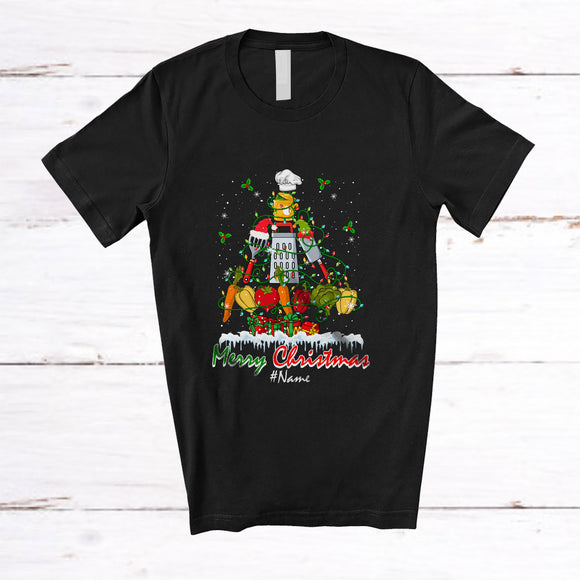 MacnyStore - Personalized Custom Name Merry Christmas; Cheerful X-mas Lights Tree Lunch Lady Equipment T-Shirt
