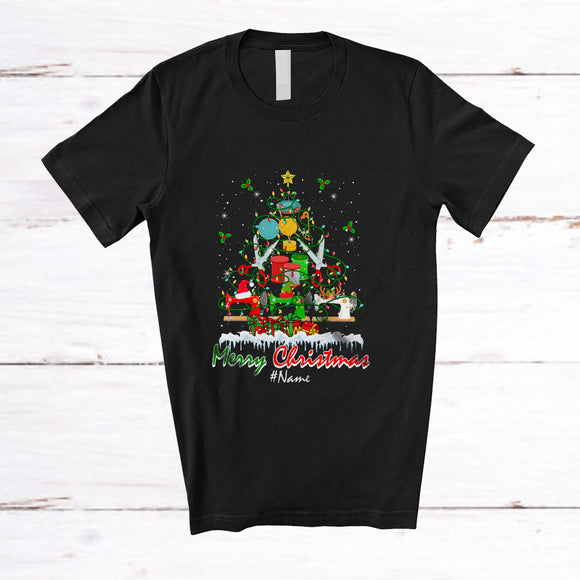 MacnyStore - Personalized Custom Name Merry Christmas; Cheerful X-mas Lights Tree Sewing Equipment T-Shirt