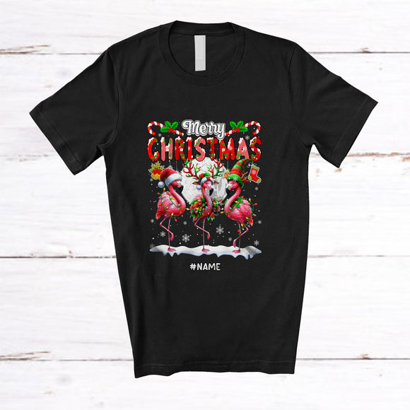 MacnyStore - Personalized Custom Name Merry Christmas; Lovely Three X-mas Lights Flamingo Animal Lover T-Shirt
