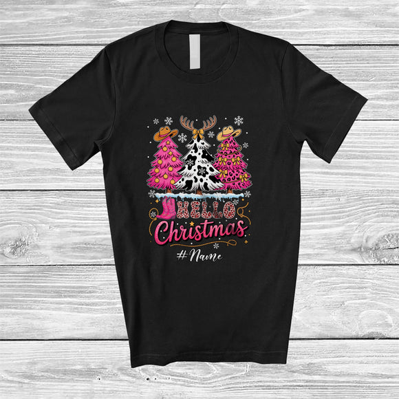 MacnyStore - Personalized Custom Name Hello Christmas; Lovely Three Leopard Cowboy X-mas Tree; Family T-Shirt