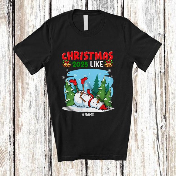 MacnyStore - Personalized Custom Name Christmas 2025 Like; Humorous X-mas Snowman Down Side Lazy; Family T-Shirt
