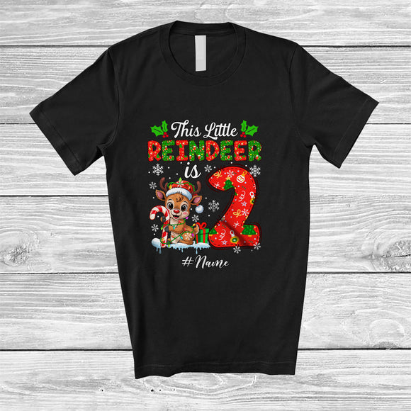 MacnyStore - Personalized Custom Name This Little Reindeer Is 2; Joyful 2nd Birthday Christmas Family Group T-Shirt