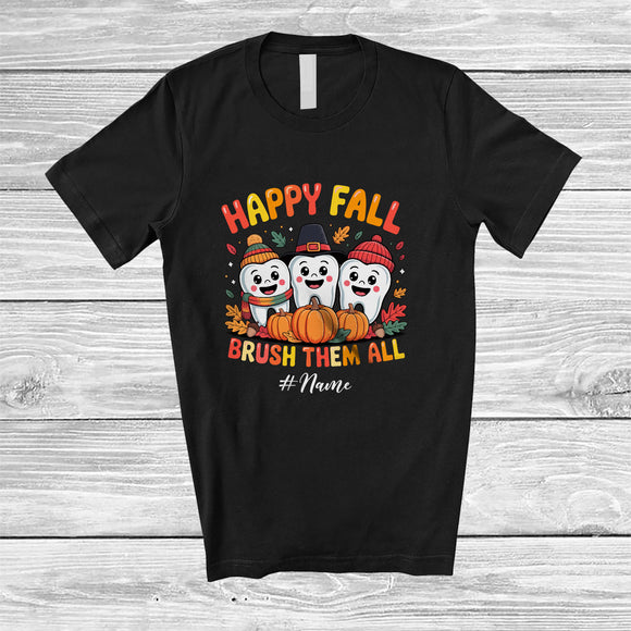 MacnyStore - Personalized Custom Name Happy Fall Brush Them All; Joyful Thanksgiving Three Teeth; Dentist Dental T-Shirt