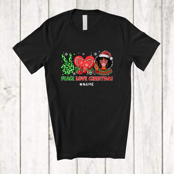 MacnyStore - Personalized Custom Name Peace Love Christmas; Adorable Leopard Heart Hand Sign Woman Santa T-Shirt
