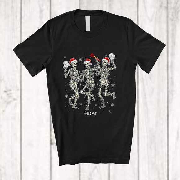MacnyStore - Personalized Custom Name Three Santa Skeleton Dancing Lunch Lady; Joyful Christmas Snow Jobs T-Shirt