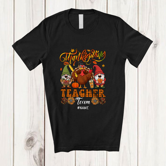MacnyStore - Personalized Custom Name Thanksgiving Teacher Team; Lovely Turkey Gnomes Proud Jobs Plaid T-Shirt