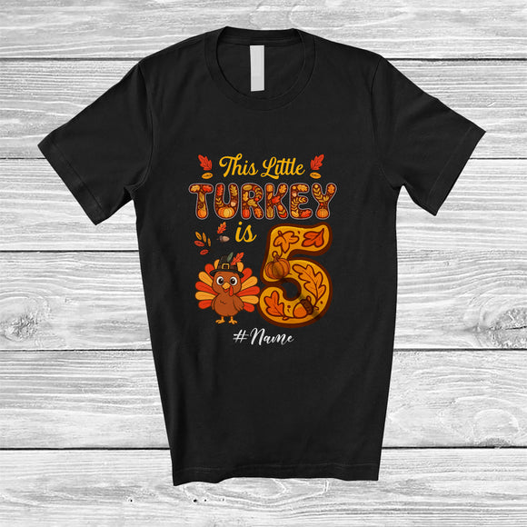 MacnyStore - Personalized Custom Name This Little Turkey Is 5; Joyful 5th Birthday Thanksgiving Fall Family T-Shirt